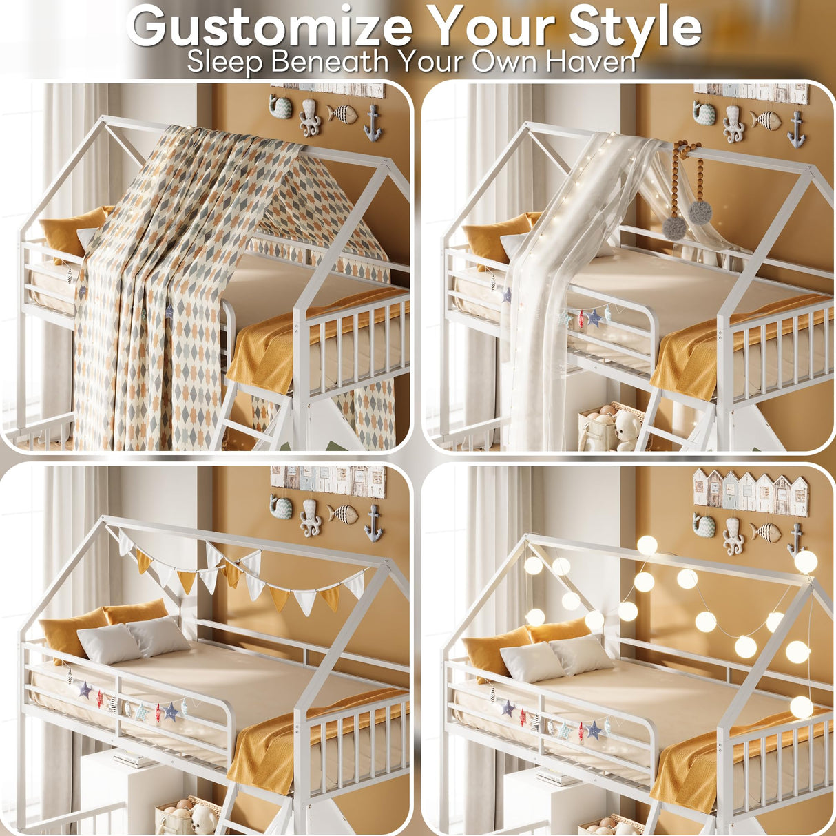 LIKIMIO Bunk Bed Twin Over Full Size, House Bunk Bed Frame with Ladder and Guardrail, House Shaped with Metal Slats Support No Box Spring Needed Space Saving for Bedroom and Dorm, White LIKIMIO