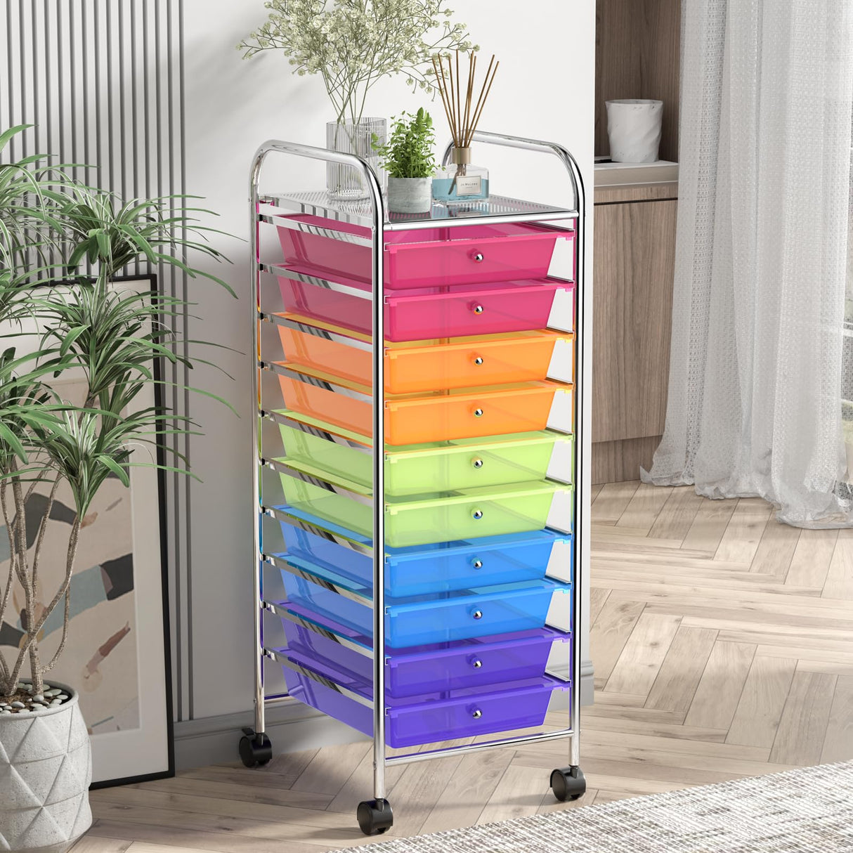 OFFICEJOY Storage Cart, Rolling Utility Cart with 10 Drawers, Portable Handles & Lockable Wheels, Mobile Paper Toys Storage Organizer Large Capacity for Home Office School Teacher (Rainbow) OFFICEJOY