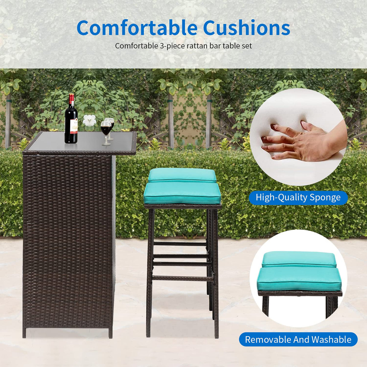 FDW 3PCS Patio Bar Set Outdoor Furniture Set Wicker Bistro Set with Two Stools for Patio Backyard Balcony,Blue Cushion FDW