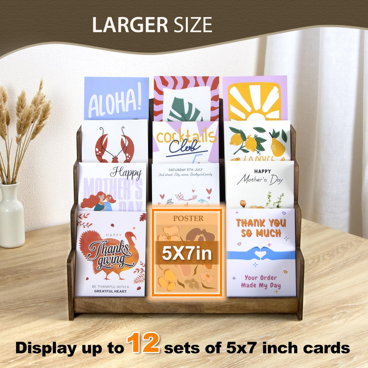 PUERSI Greeting Card Display Stand Holder - 4-Tier Wooden Organizer Rack for Retail Stores, Postcards, Stickers & Stationery Vendors Brown PUERSI