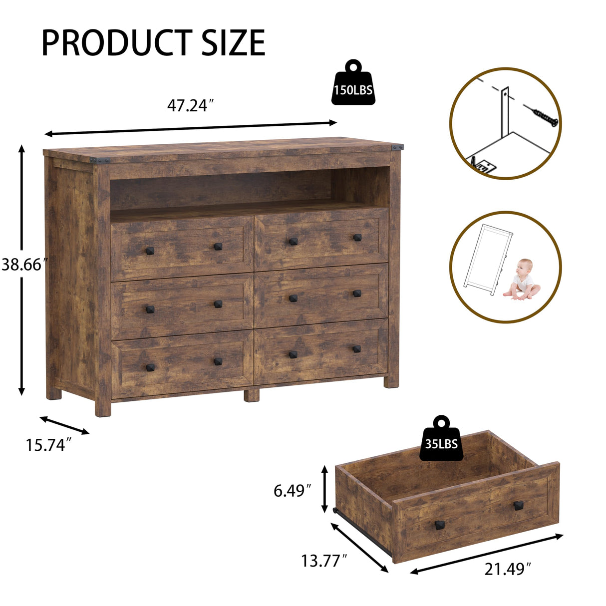 Dresser for Bedroom with 6 Drawers, Wide Chest of Drawers with LED Light and Power Outlet, Wooden Closet Organizer Clothes Storage Cabinet, Modern Double Dressers for Living Room, Hallway, Brown Xixini