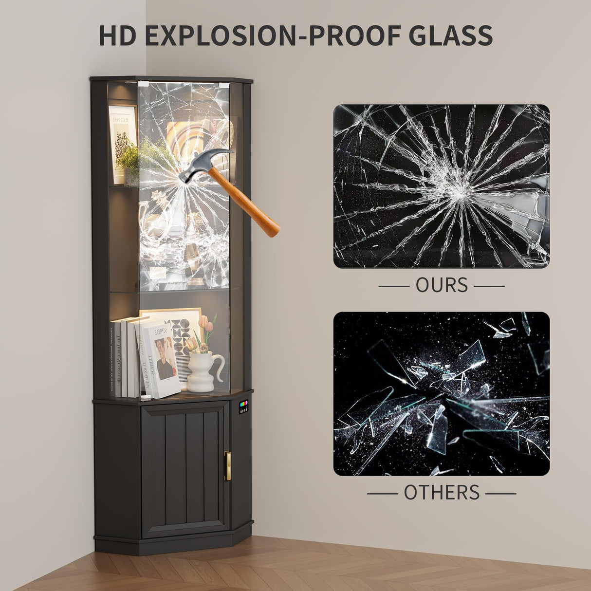 HNEBC 69" Tall Curio Display Cabinet with Glass Door and Movable Shelves,Corner Bookcase with LED Human Sensor Lights,5-Tier RGB Display Case for Collectibles,Bedroom Living Room HNEBC