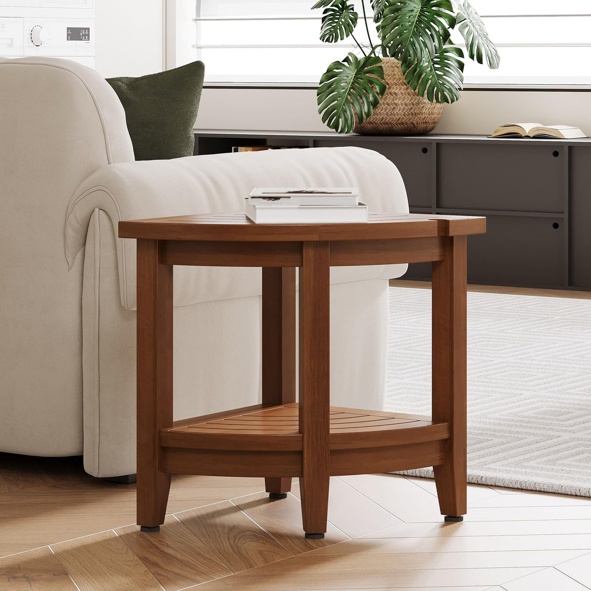 Jekruiet Teak Shower Bench for Corner, 18 inch Shower Chair Stool for Shaving Legs with Storage Shelf,Waterproof Bathroom Bench Seat for Elderly and Disabled Indoor Use Jekruiet