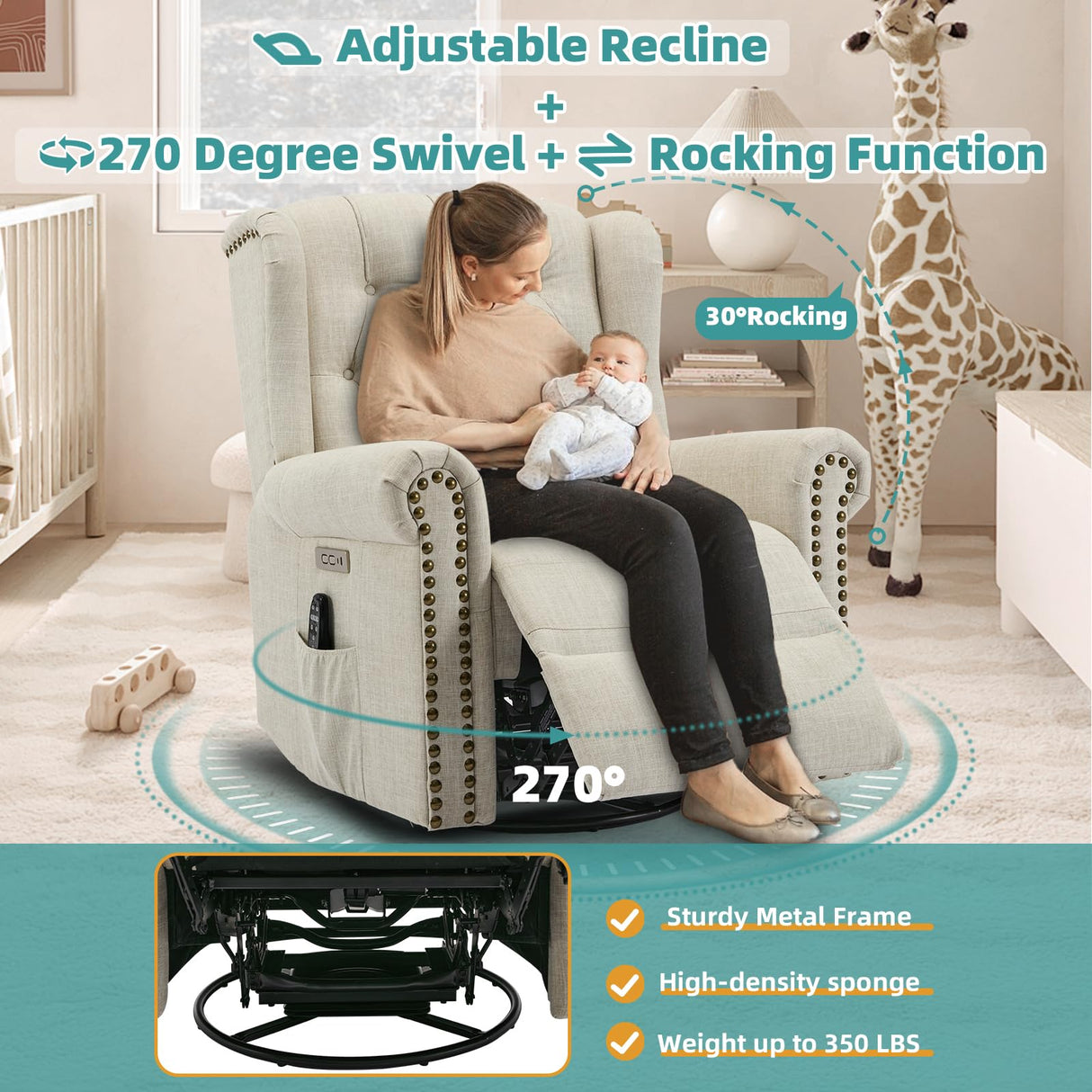 MEETWARM Power Swivel Rocking Glider Recliner Chair with Heat and Vibration, Electric Rocker Nursery Reclining Chair, Wingback Tufted Upholstered Recliner for Living Room, Type-C & USB Ports (Beige) MEETWARM