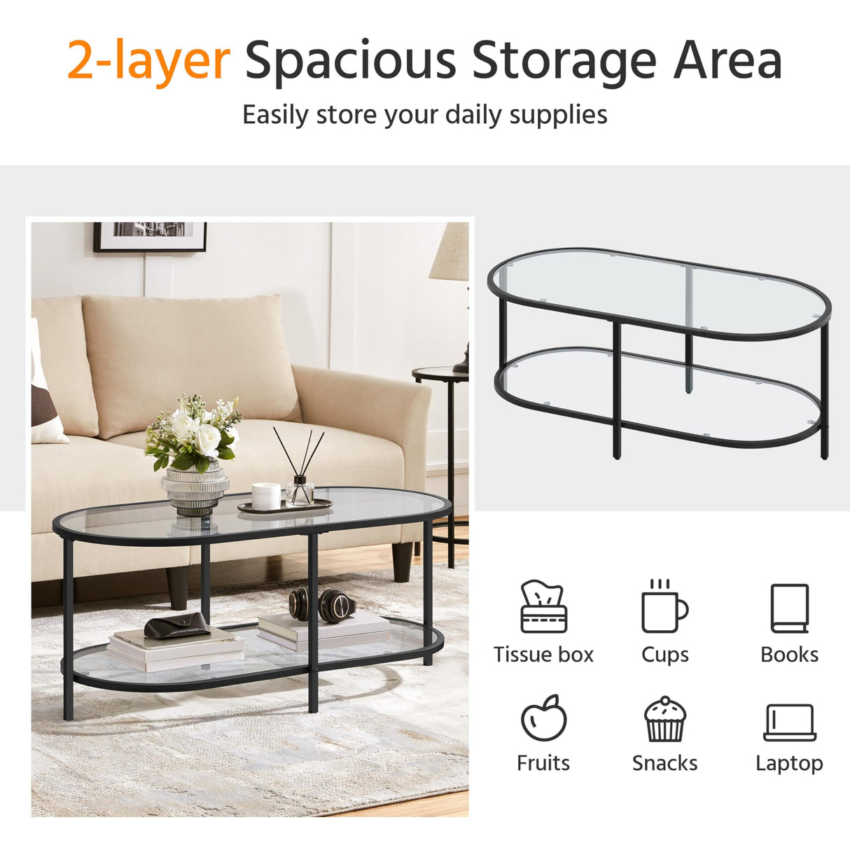 Yaheetech Glass Coffee Table, Black Small Center Table with Storage Shelf for Living Room Small Space, Apartment Yaheetech