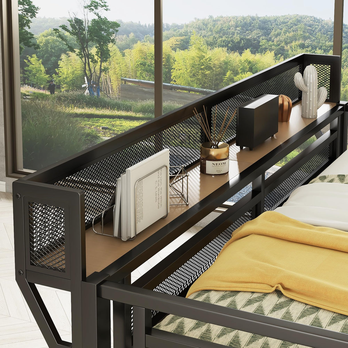 KEIKI Queen Loft Bed with Desk, USB Charging Station, Stairs, and Built-in Storage Shelves for Kids & Teens, Black KEIKI