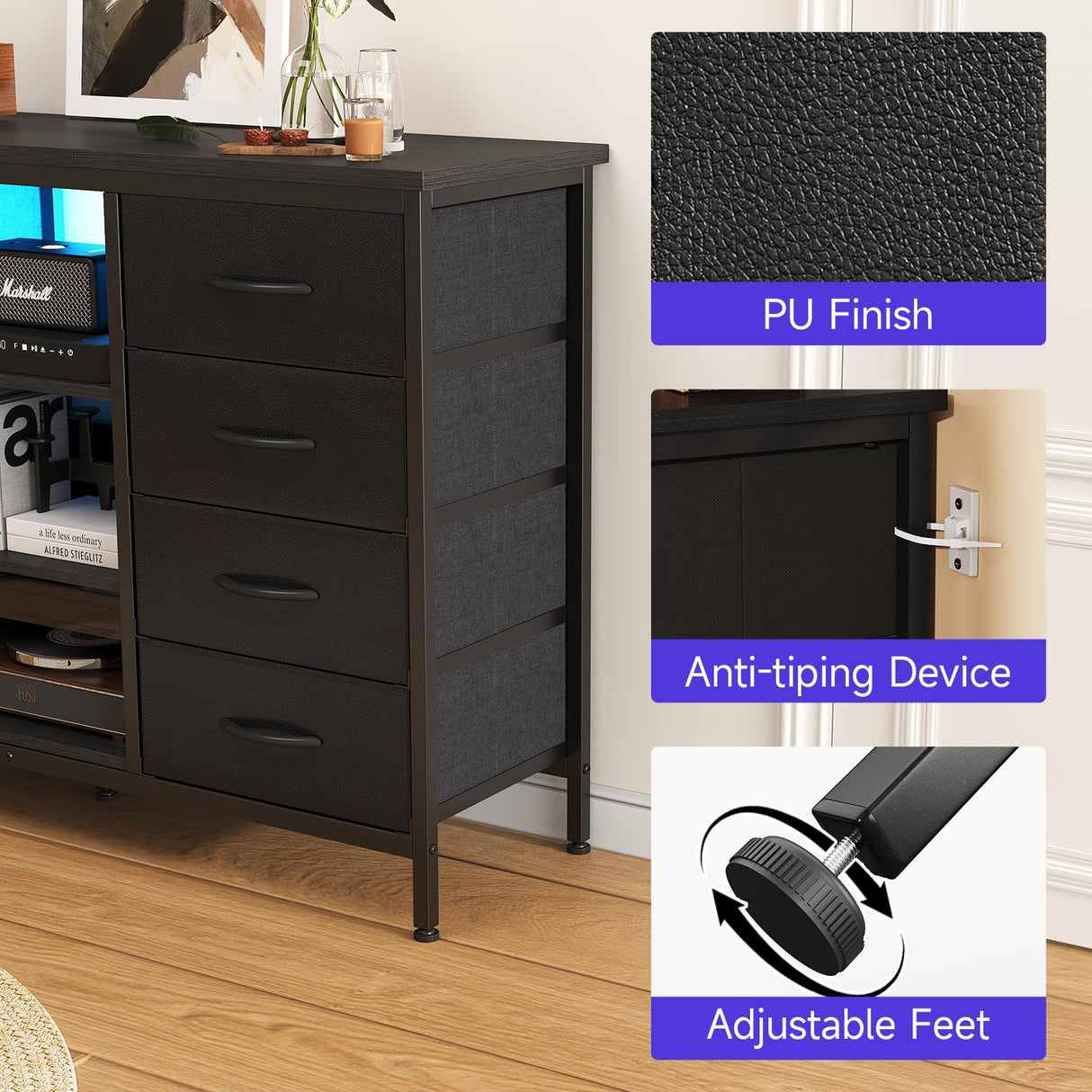 COTUBLR Fits 55" TV Stand Dresser for 50 55 60 Inch TV Dresser TV Stand with Power Outlets & LED Lights & 8 Drawers Dresser with PU Finish, 47 Inches TV Console with Open Shelves, for Bedroom COTUBLR