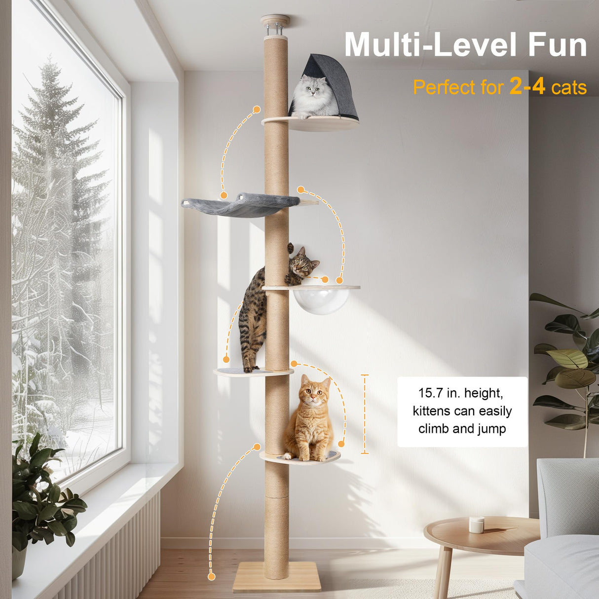 FUKUMARU Floor to Ceiling Cat Tree, 6 Level Adjustable Height (5.7-9.8 ft) Climbing Tower with Thickened Scratching Posts, Cat Activity Center with Transparent Capsule and Cozy Hammock FUKUMARU