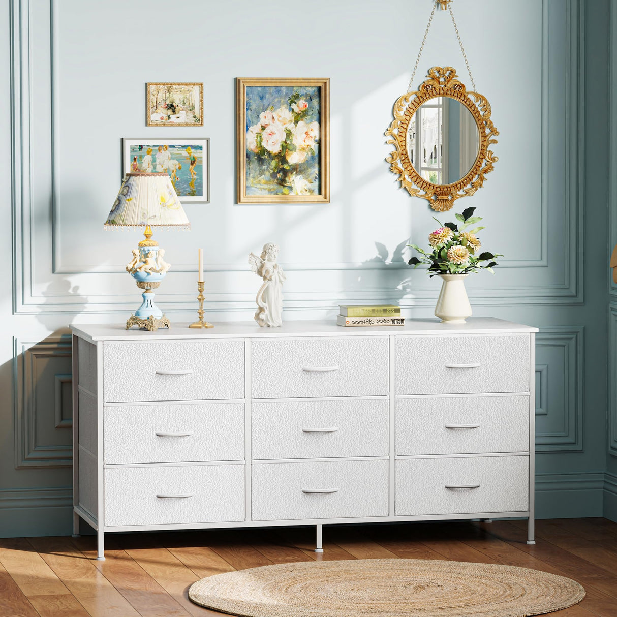 Huuger 9 Drawer Dresser, 47 Inch Dresser TV Stand for 50, 55 Inch TV, Entertainment Center with Drawers, Fabric Dresser Chest of Drawer for Bedroom, Closet, PU Leather Surface, White Huuger