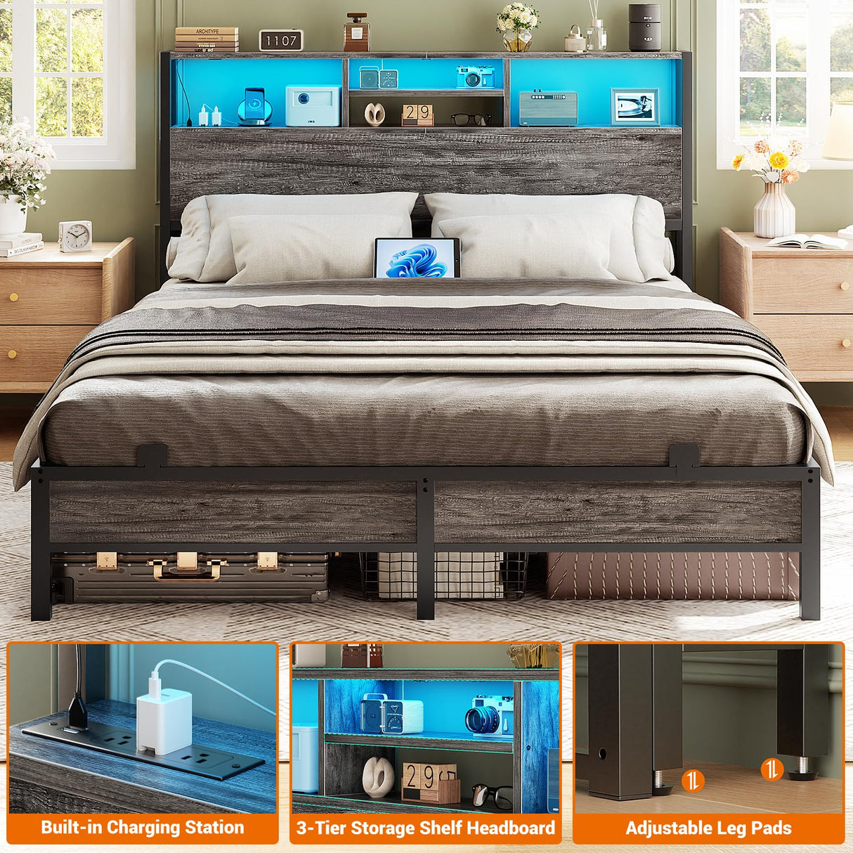 Aheaplus Queen Size Headboard with Storage, LED Lights & Charging Station - Black Oak Aheaplus
