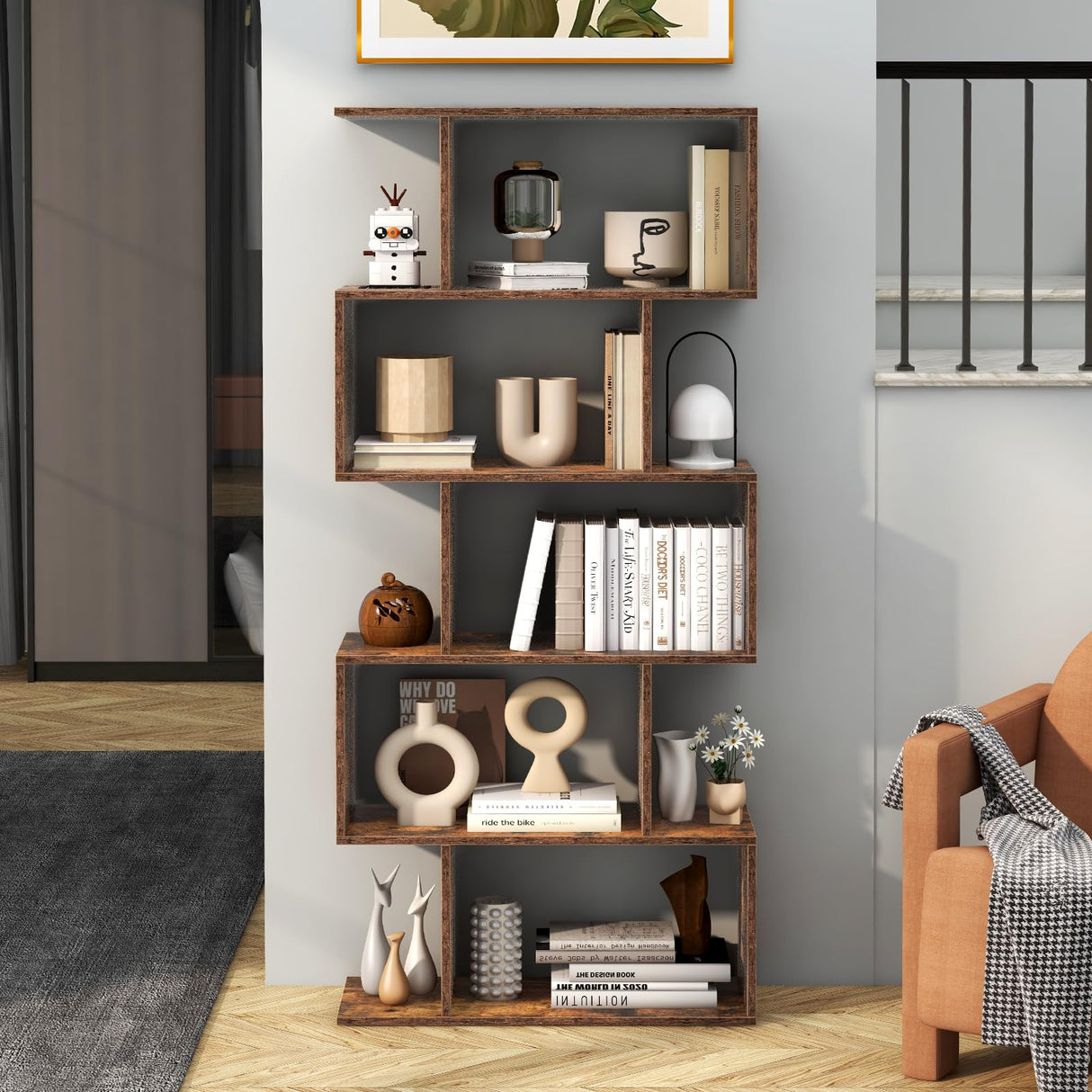 Tangkula 5-Tier S-Shaped Bookshelf - Rustic Brown Geometric Display & Room Divider Tangkula