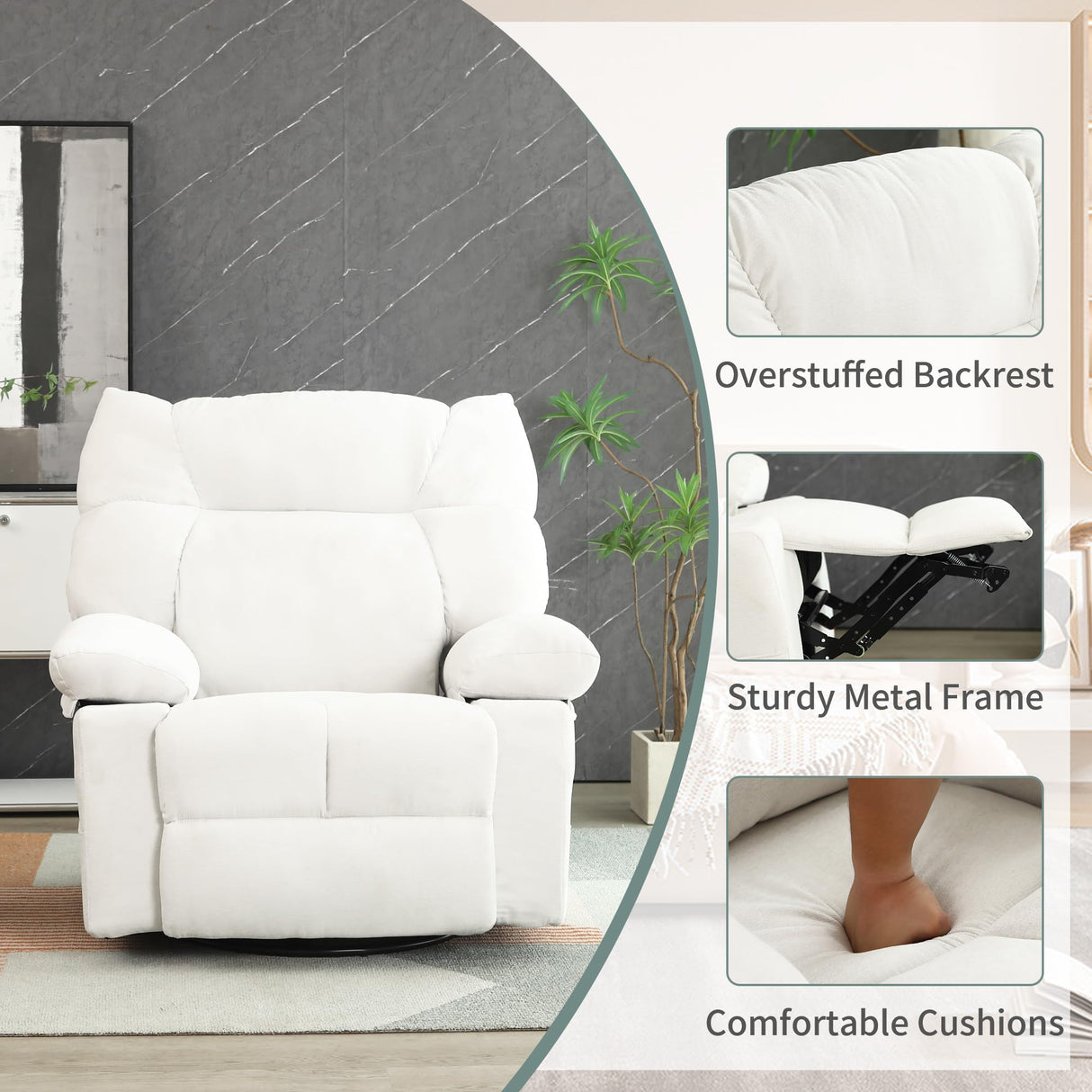 EDWELL White Power Recliner Chair, Swivel Rocking Recliner Chairs for Adults with Massage and Heated, Soft Single Reclining Swivel Sofa with USB, USB-C Ports for Living Room EDWELL