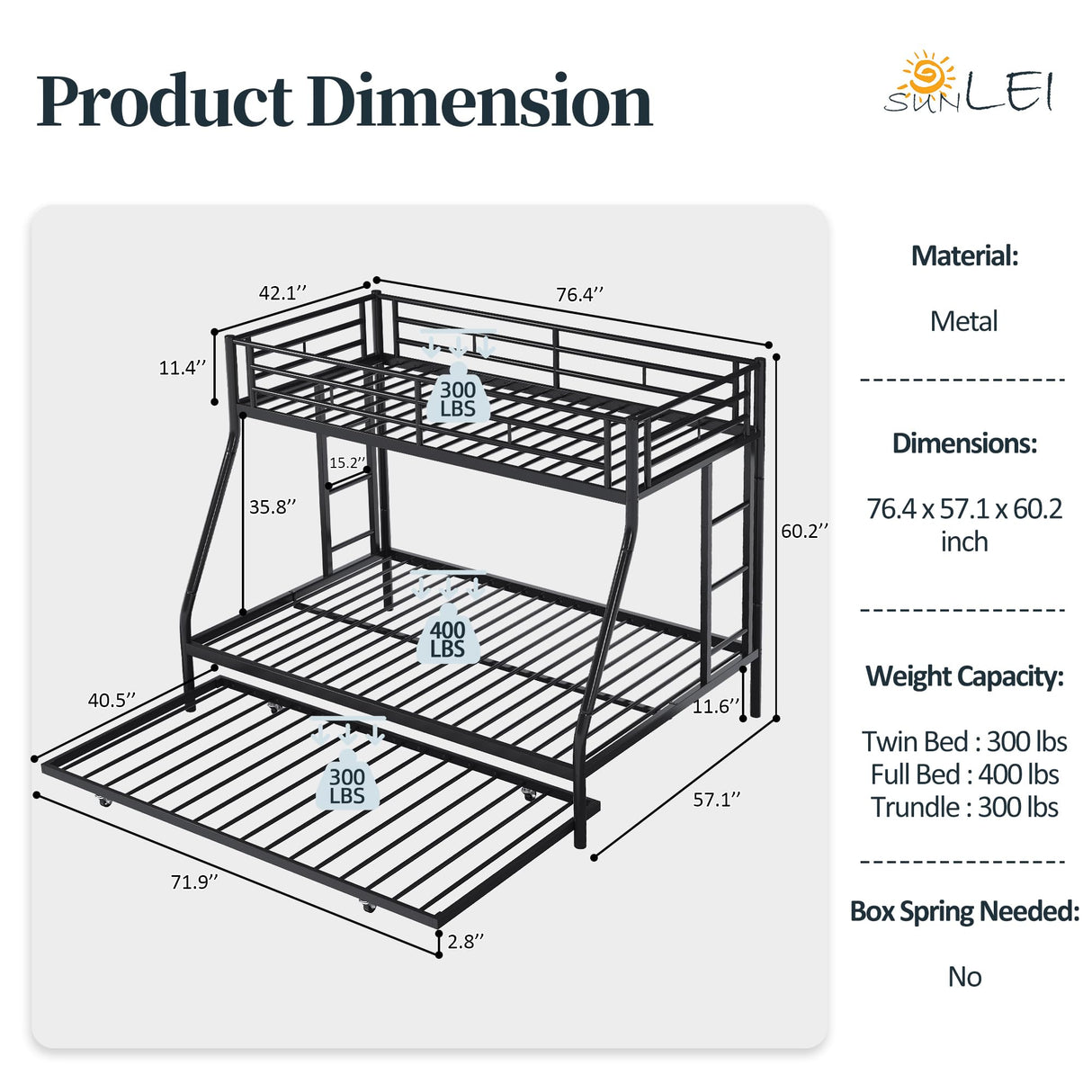 SUNLEI Metal Loft Bed with 2 Secured Ladders, Bunk Bed Twin Over Full with Trundle, Trundle Bed Twin Safety Guard, Space-Saving, Noise Free for Small Bedroom, (Black, Twin Over Full) SUNLEI