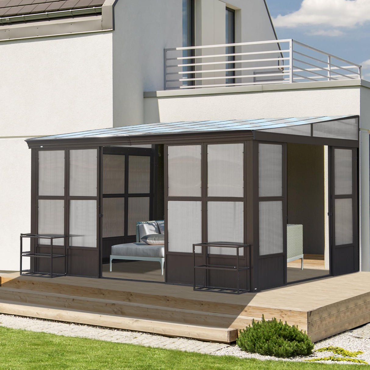 Domi 10x14FT Wall Mounted Sunroom, Wall Solarium with Aluminum PC Sloping Roof, Detachable PC Screen House, Lockable Sliding Front and Side Doors, Outdoor Lean-to Gazebo, Sun Room for Deck Patio domi outdoor living