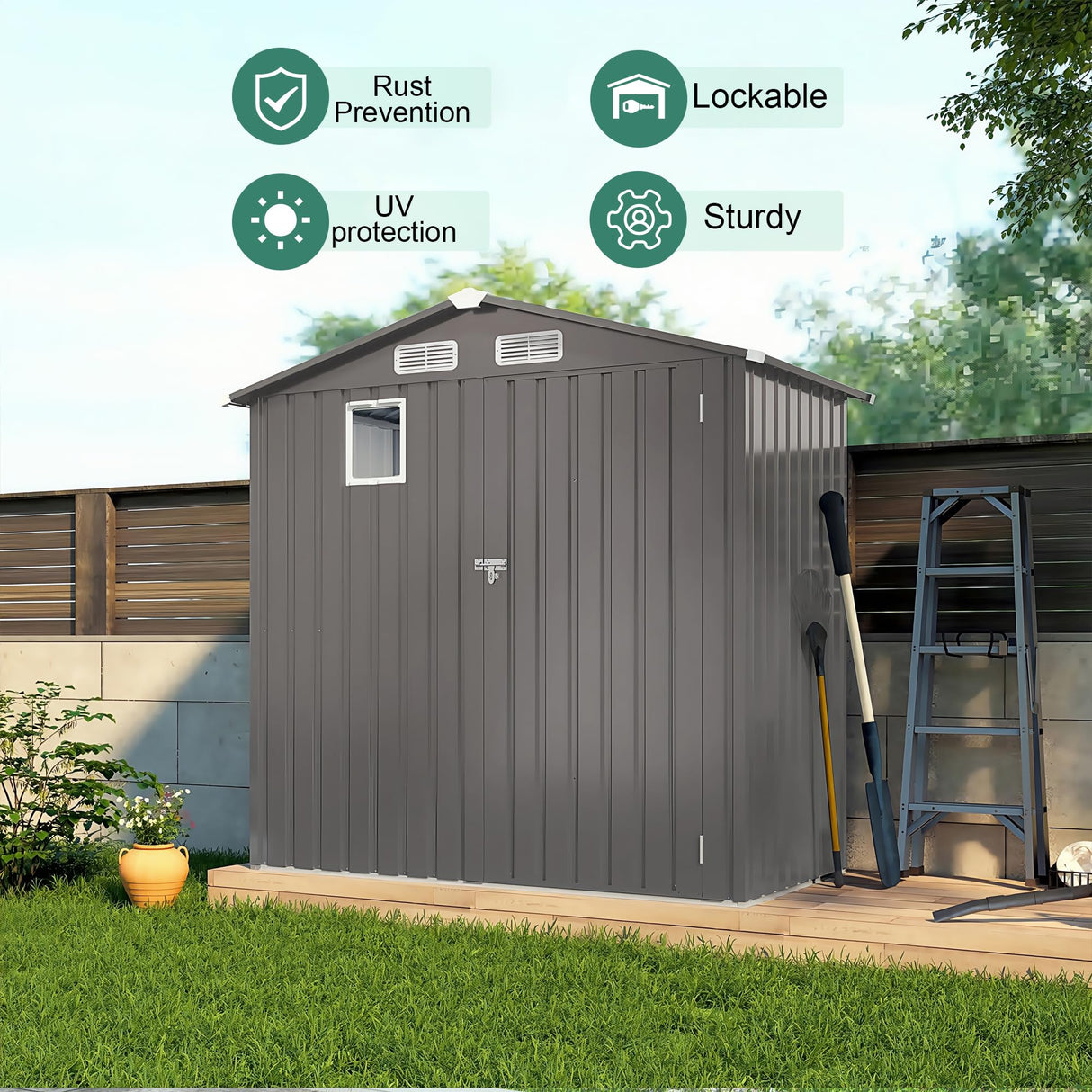 Vigo huseeo 6x3.6FT Outdoor Storage Shed, Galvanized Steel Garden Shed with Lockable Door & Window, Waterproof Metal Tool Storage for Garden, Backyard, Patio, Lawn(Peak Roof) Vigo huseeo