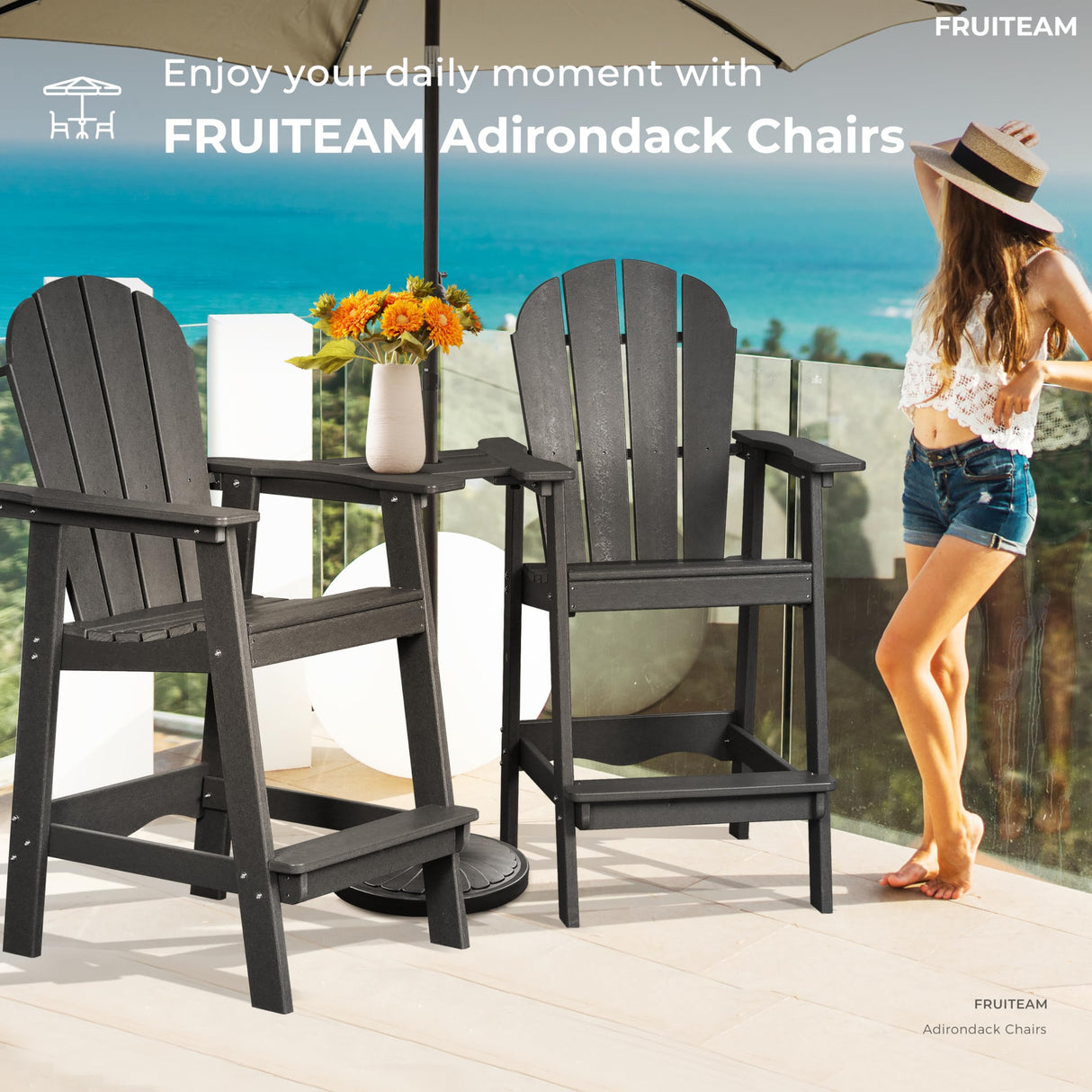 FRUITEAM Tall-Adirondack-Chairs-Set of 2, Outdoor Modern Bar-Height Adirondack Chairs, Double Raised Adirondack Patio Chairs with Removable Connecting Tray, for Pool, Yard, Lawn FRUITEAM