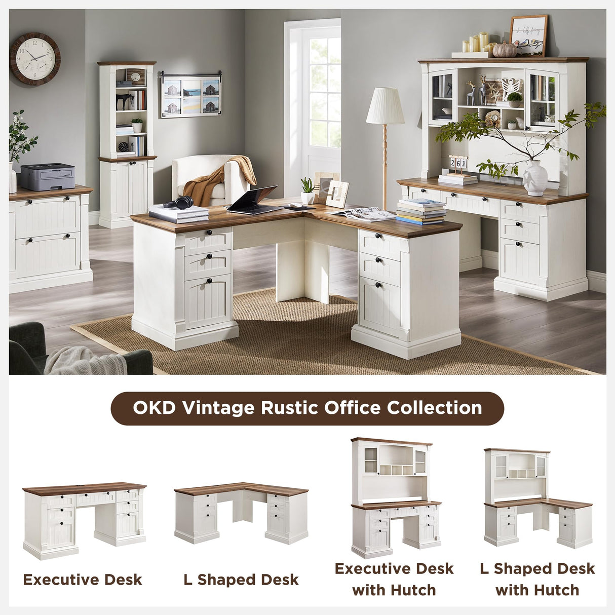 OKD 60" Executive Desk with Drawers, Farmhouse Home Office Desk with Charging Station, Keyboard Tray, File Cabinet Storage, Wood Computer Desk for Work and Study, Antique White OKD