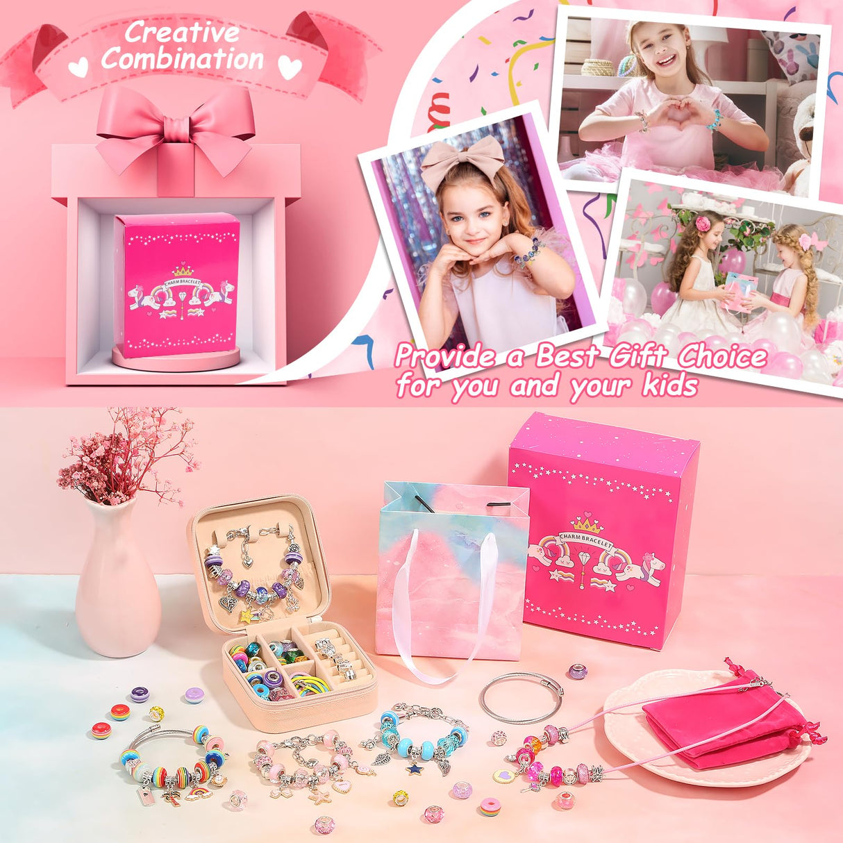 Charm Bracelet Making Kit for Girls, 140 PCS DIY Craft Bead Sets Jewelry Making Kit for Teen Girls Age 8-12, Portable Bracelet Organizer Gift Box for Teenage Birthday Christmas Stocking Gift LifeisLuck