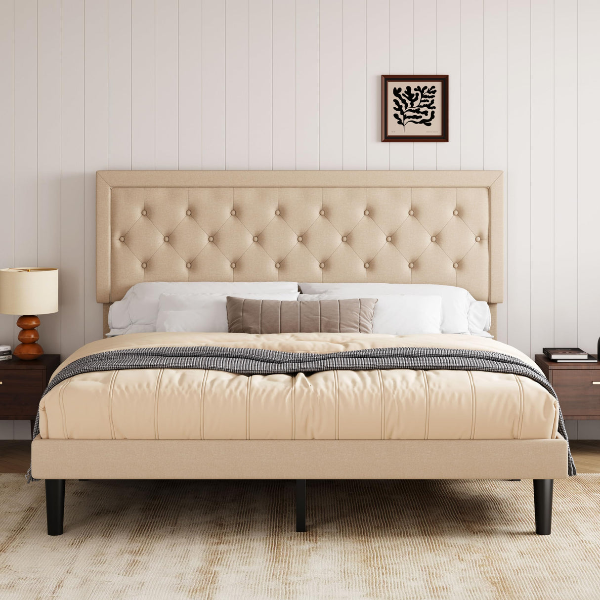 Allewie King Size Fabric Upholstered Bed Frame with Diamond Button Tufted/Adjustable Headboard/Wood Slat Support/Mattress Foundation/Beige Allewie