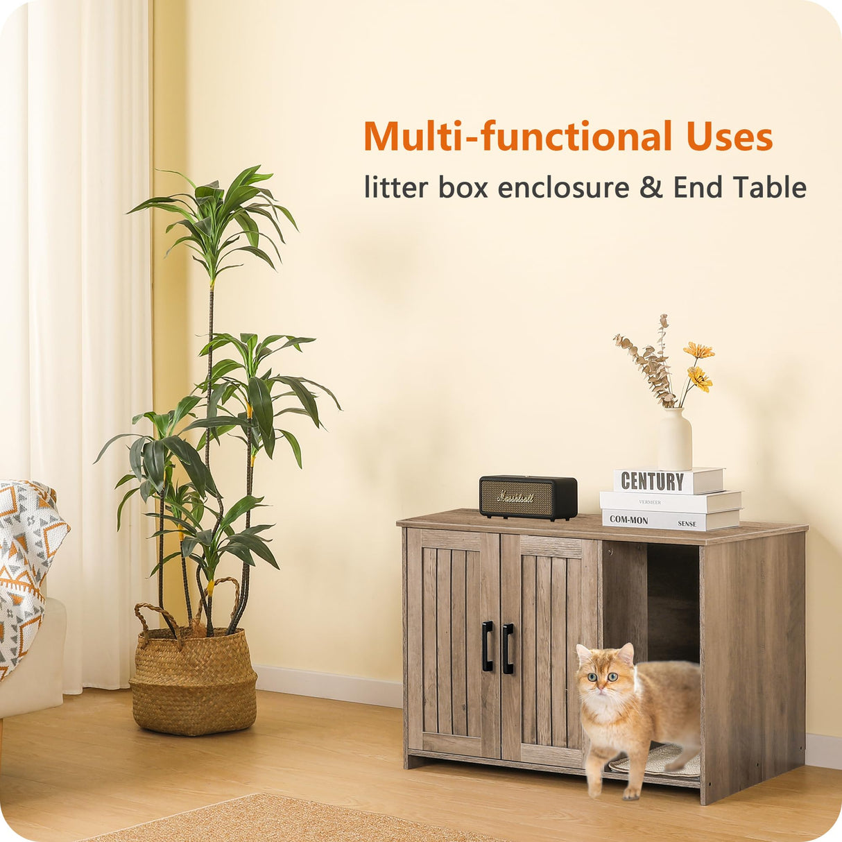 DWANTON Litter Box Enclosure, Cat Litter Box Furniture Hidden, with Scratching Mat, Wooden Cat Washroom Indoor, 31.5" L x 19.7" W x 21.7" H, Greige Dwanton