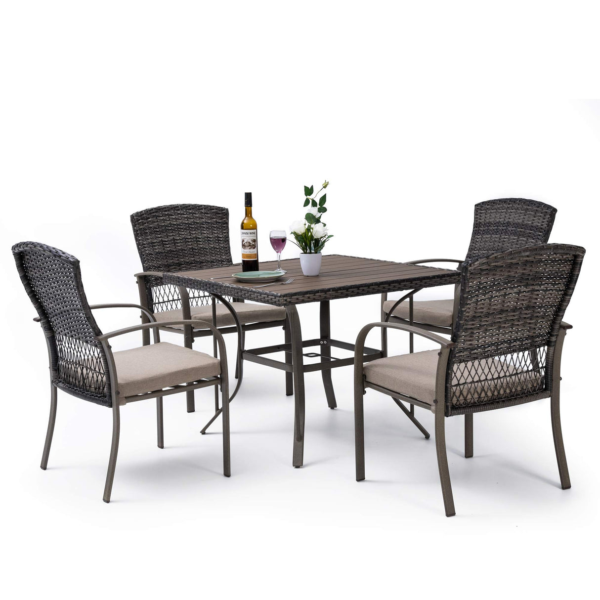 Pamapic Outdoor 5-Piece Patio Dining Set, Weather Resistant PE Rattan Table and Chairs, Comfortable Cushions, Easy Maintenance, 5 PCS, Beige Pamapic