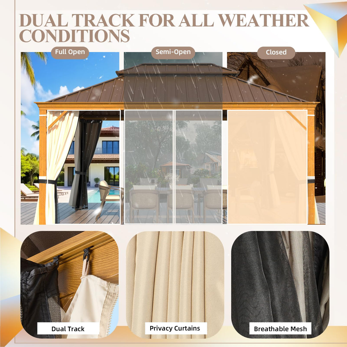 YOLENY 12' x 16' Hardtop Gazebo Faux Wood Grain Metal Gazebo with Aluminum Frame, Galvanized Steel Double Roof, Outdoor Patio Gazebo Pergolas with Netting and Curtains for Backyard, Patio, Lawns YOLENY