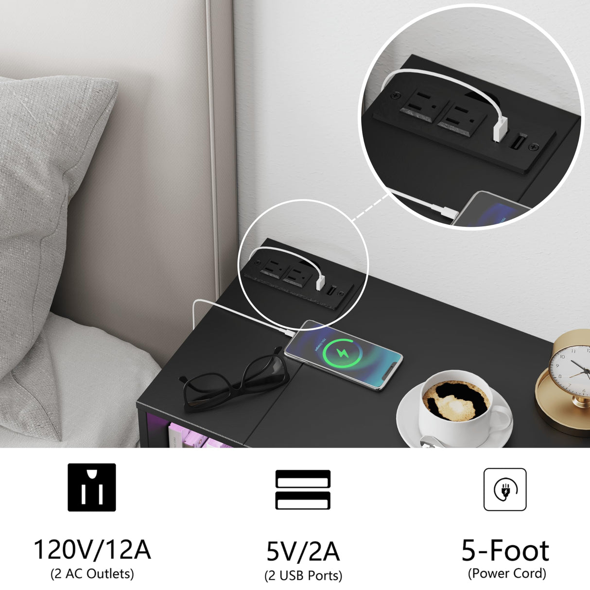 Veegle Black Floating Nightstand with Charging Station and LED Lights,Black Veegle