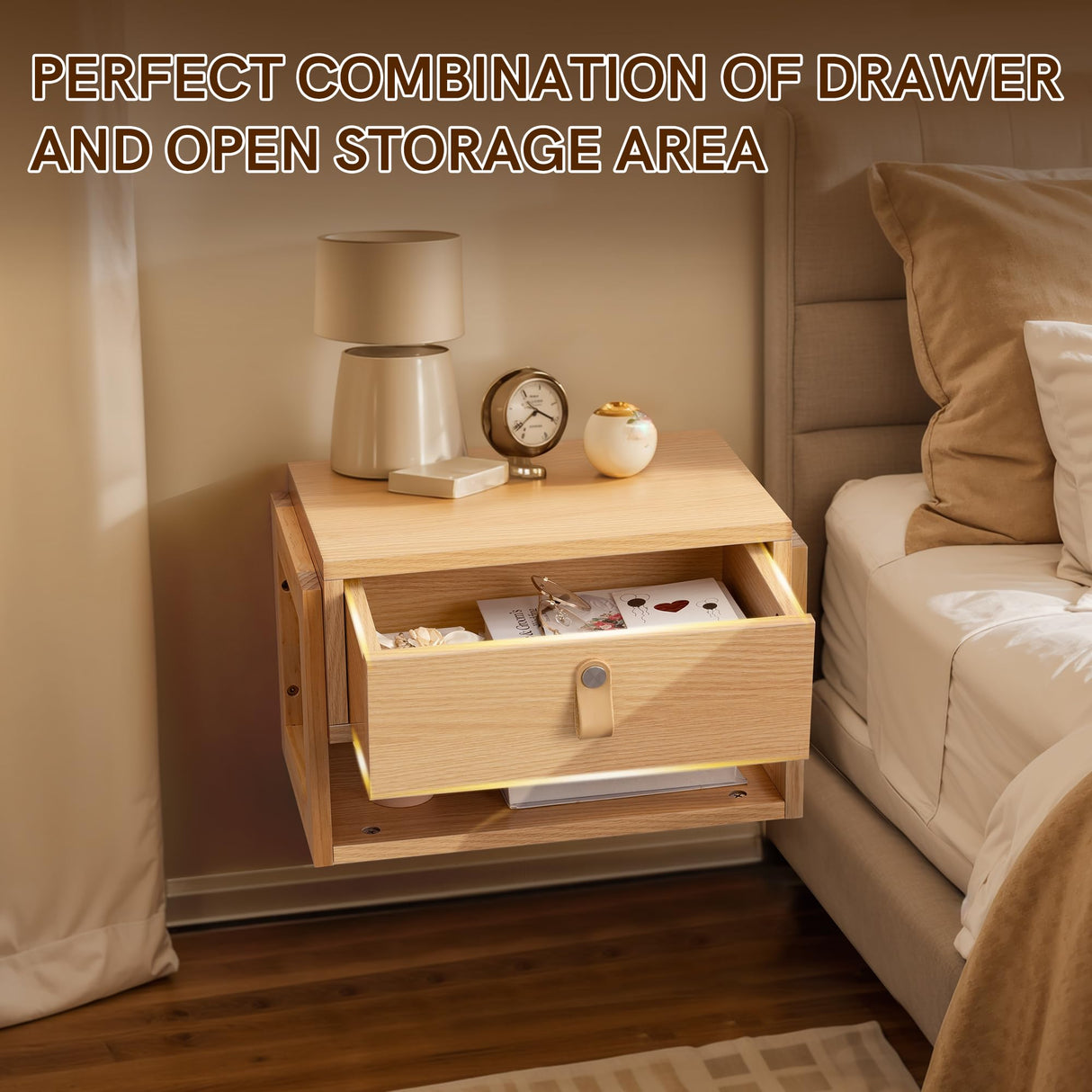 Afuly Floating Nightstand with LED Light Strips, Modern Night Stand with Drawer Wall Mounted Bedside End Table, Wood Nightstand Side Table Shelf for Bedroom Natural Wooden Decor Afuly
