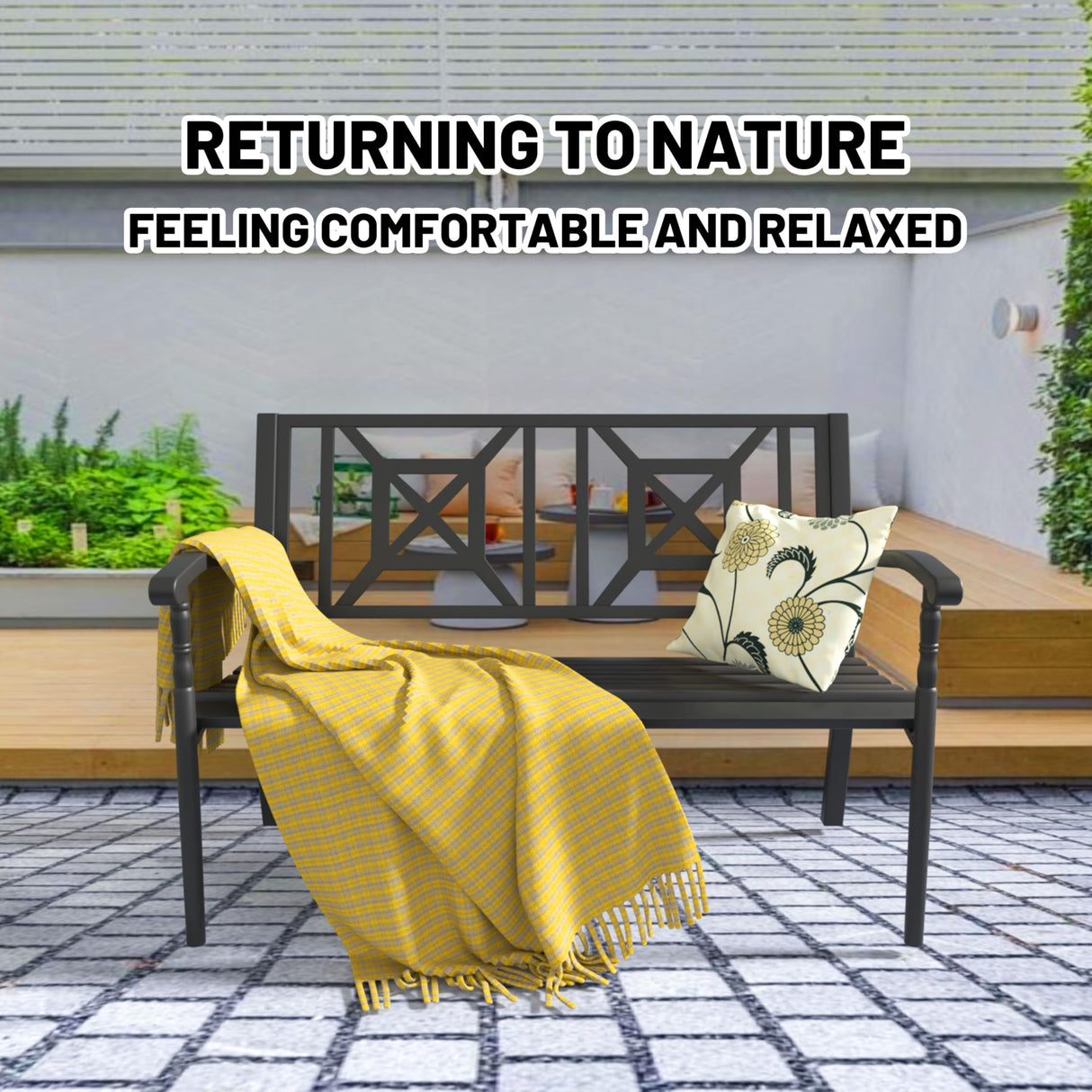 YLGJ&TIDY 50" Heavy Duty Iron Outdoor Bench - Weatherproof with Ergonomic Backrest & Armrests for Garden, Park, Patio, Porch, Lawn, Yard YLGJ&TIDY