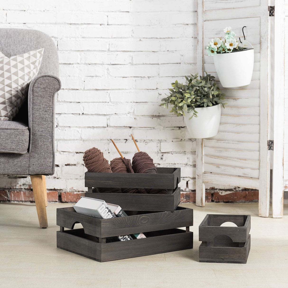 MyGift Rustic Gray Solid Wood Storage Organizer Box with Handle, 3 Piece Various Size Decorative Nesting Crate MyGift