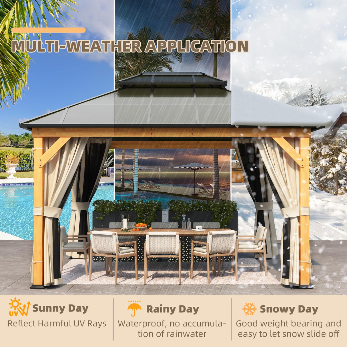 YOLENY 11'x 13' Hardtop Gazebo, Wood Outdoor Gazebo, Polycarbonate Double Roof, Netting and Curtains, Patio Gazebo for Decks, Backyards, Lawns and Gardens YOLENY