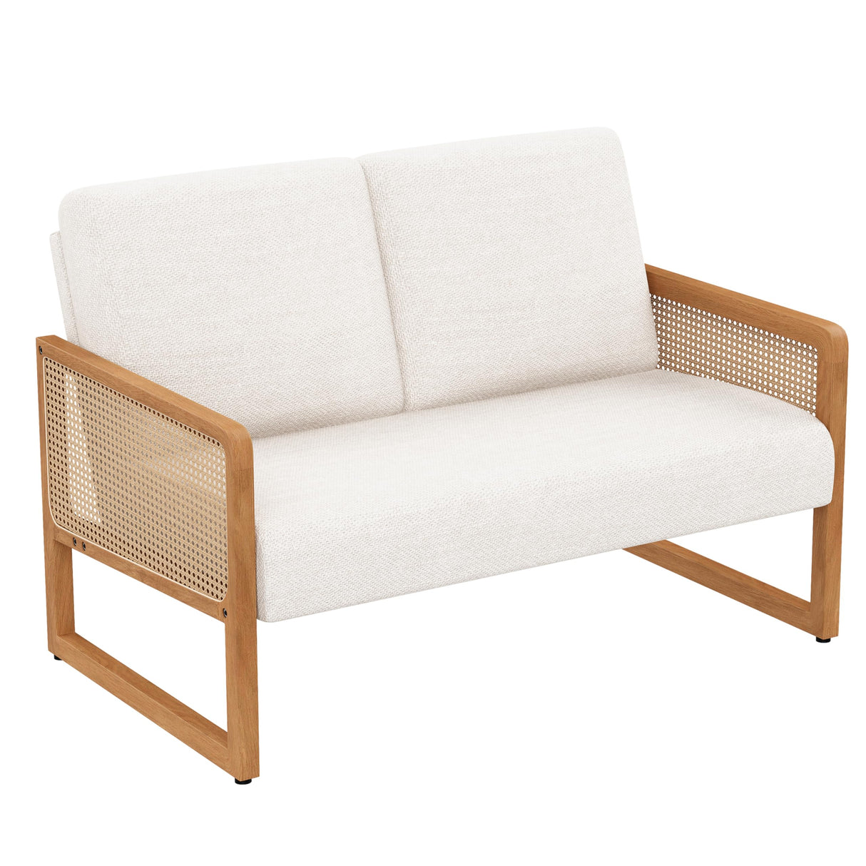 Apeaka Small Loveseat Sofa with Rattan Arms Linen Mini Couch for Living Room Bedroom Modern Upholstered Love Seat with Wood Legs Ivory Apeaka