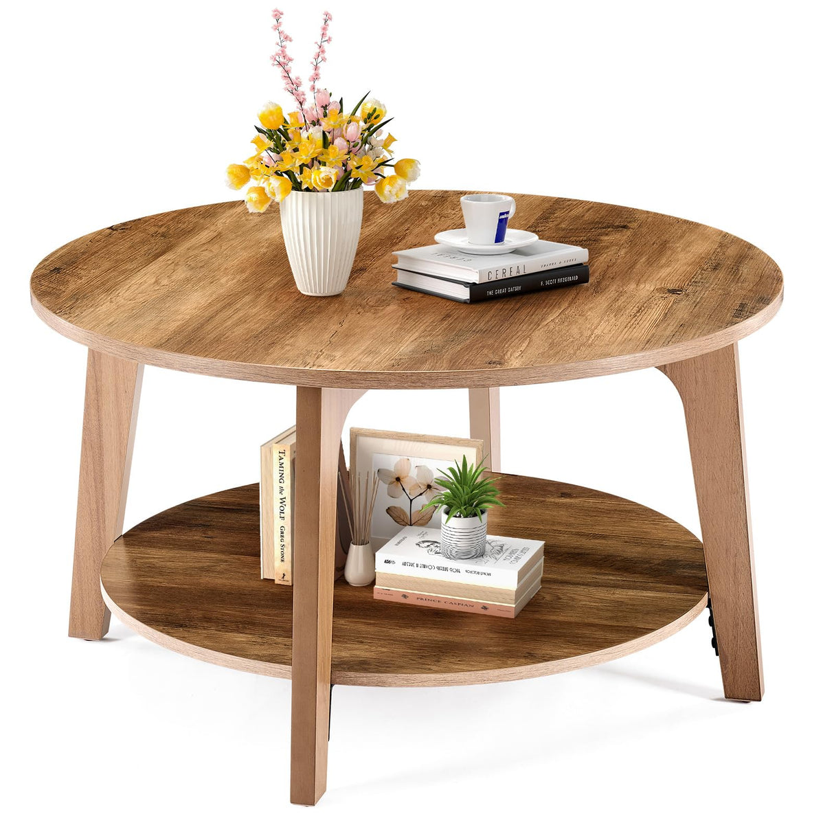 DUMOS Round Coffee Table, 32'' Wood Coffee Tables for Living Room with Storage, 2-Tier Center Circle Counter with Wooded Desktop, 50 lbs Capacity, Anti-Slip Feet, Modern Farmhouse Design, Tank DUMOS