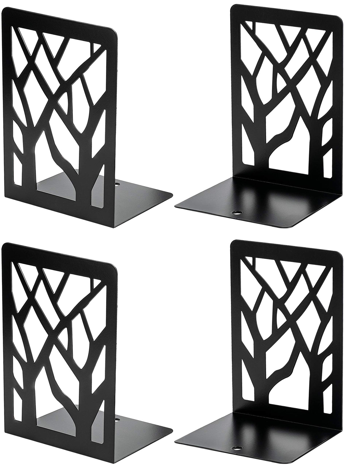 MaxGear Tree Design Modern Bookends for Shelves, Non-Skid Book Holder, Heavy Duty Metal Storage for Books/CDs, Decorative Book Stopper for Home, 7 x 4.7 x 3.5”, Black (2 Pair/4 Pieces) MaxGear