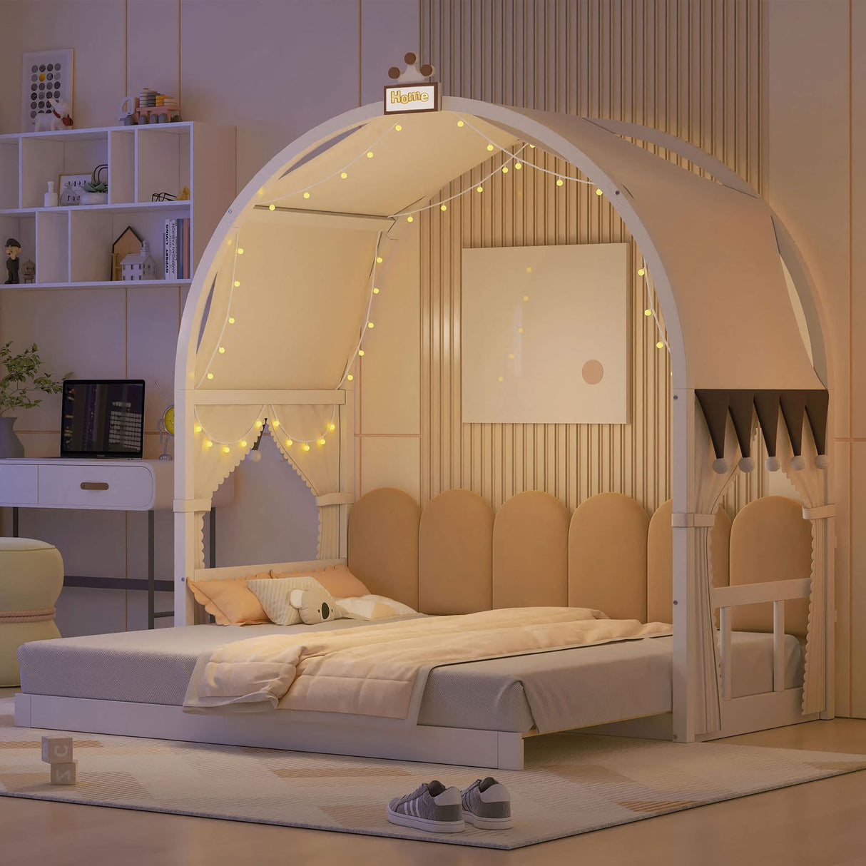 Polibi Twin Size Extended Arched Canopy Bed with Trundle, Light Strip, and Whiteboard in White Polibi