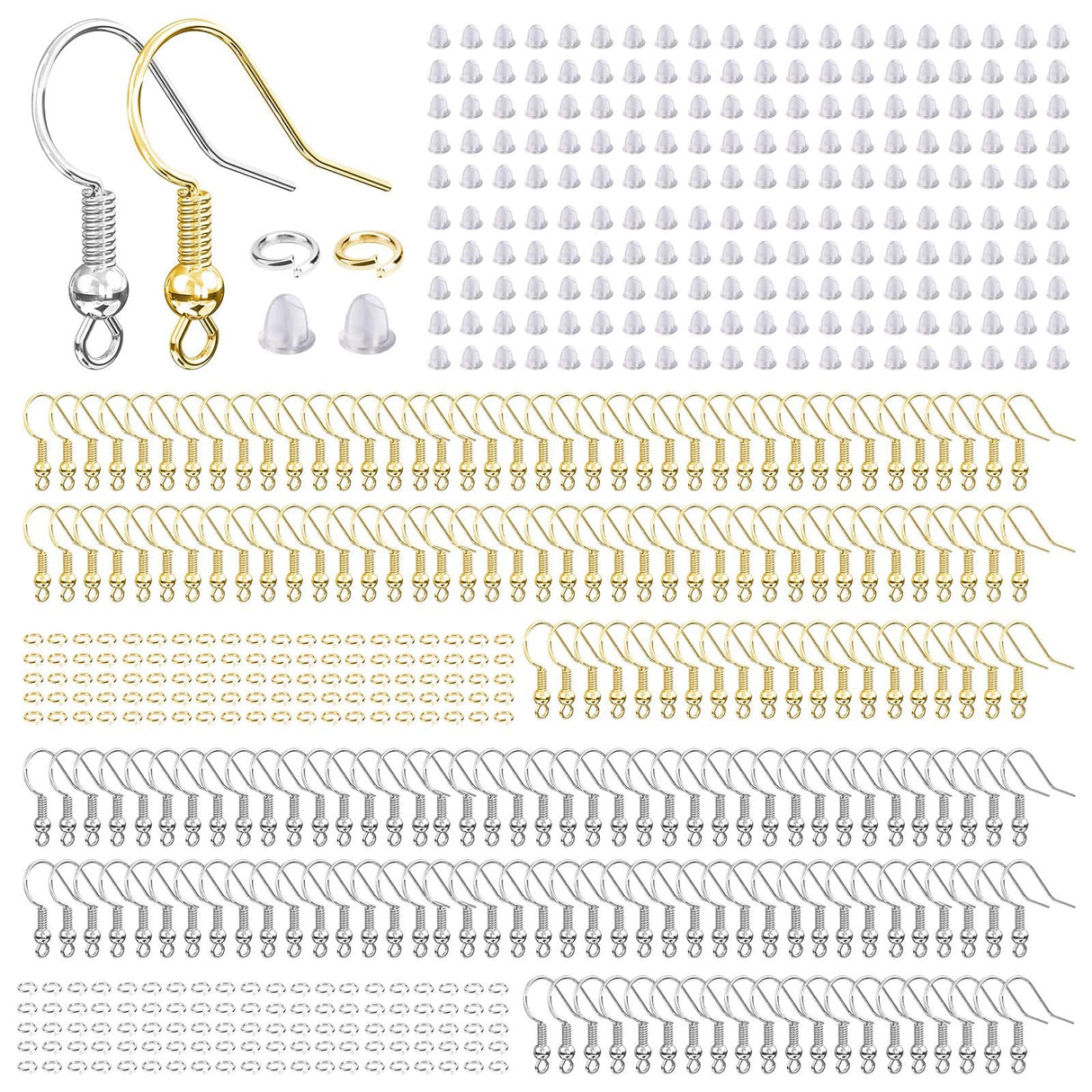 Hypoallergenic Earring Hooks, 600 Pcs Earring Making Supplies Kit with Earring Hooks, Jump Rings and Earring Backs for Jewelry Making (Silver and Gold) Aiythouy