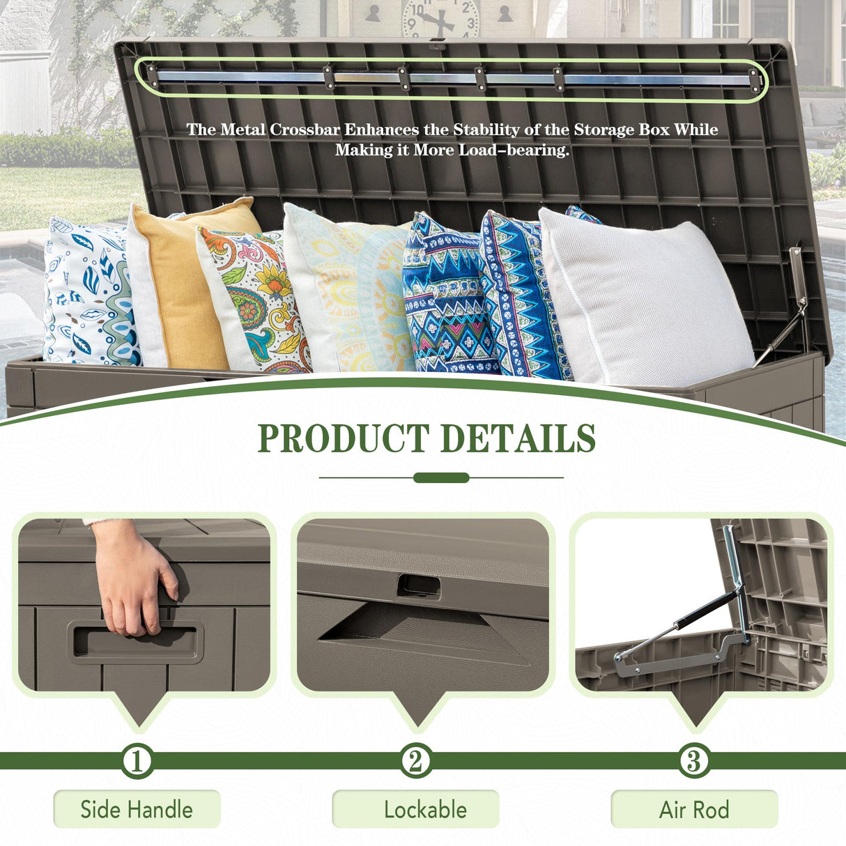 Greesum 100 Gallon Resin Deck Box Lockable Large Outdoor Storage Boxes for Garden Tools, Patio Furniture Cushions, Pool Supplies, Light Coffee Greesum