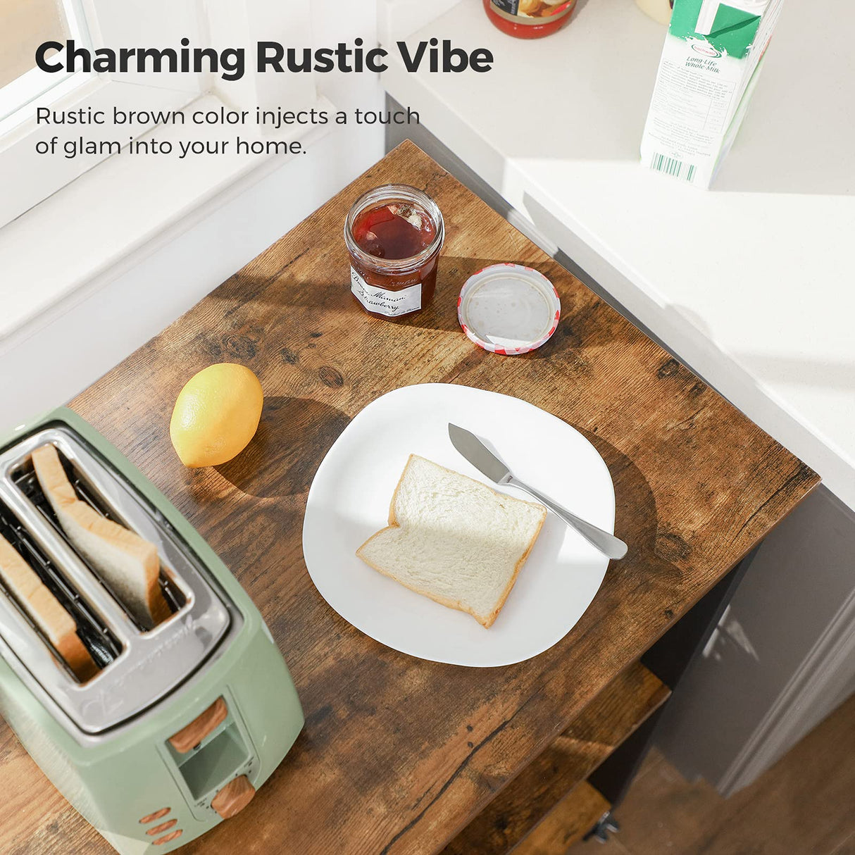 VASAGLE Kitchen Shelf on Wheels, Serving Cart with 3 Shelves, Kitchen Cart, Microwave Shelf, for Mini Oven, Toaster, with 6 Hooks, Industrial Style, Rustic Brown and Black UKKS60XV1 VASAGLE