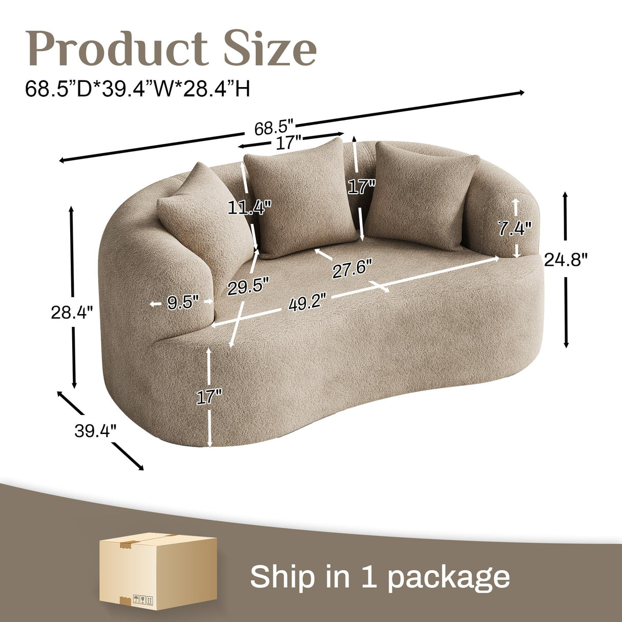 68.5" Loveseat Sofa for Living Room, Modern Luxury Plush Chenille Extra Deep Seat Curved Cloud Floor Couch with 3 Throw Pillows for Small Spaces, No Assembly Needed, Light Brown DAMAIFROM