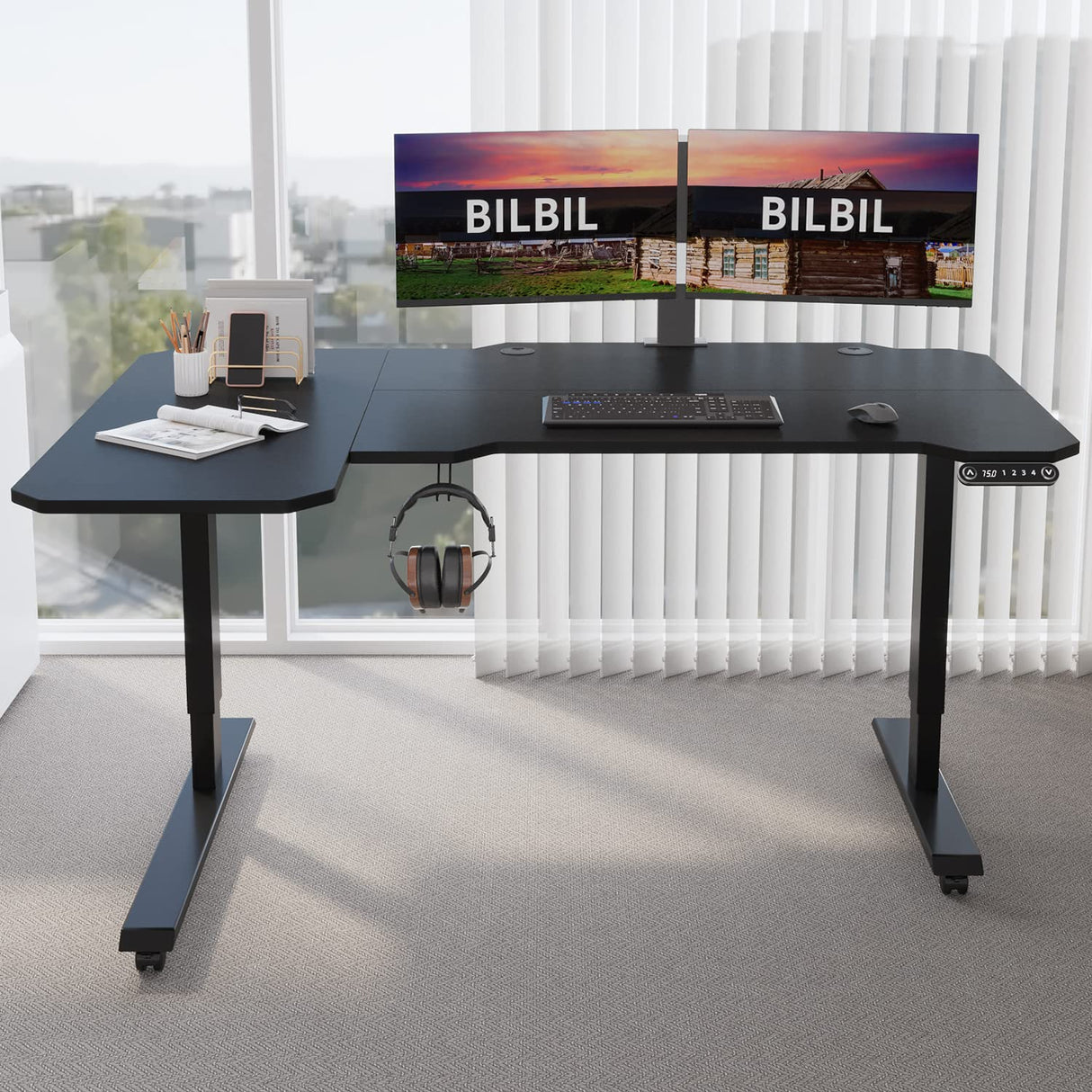 bilbil L-Shaped Electric Height Adjustable Standing Desk 59 Inches, Stand Up Rising Table for Home Office with Splice Board, Black Frame and Top bilbil