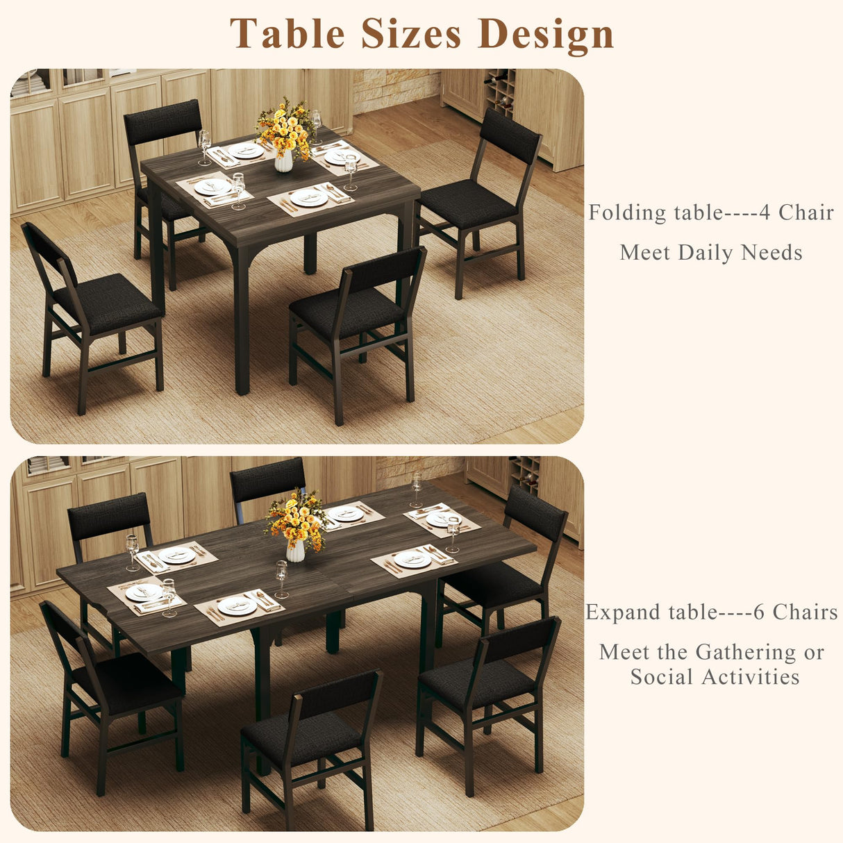 7-Piece Dining Table Set for 4-6, Extendable Kitchen Table Cushion Chairs Set of 6 with 6 Chairs, Rectangle Dining Table with Metal Frame & MDF Board, Folding for Small Apartment Saving Space,Grey Oak HUAHUU