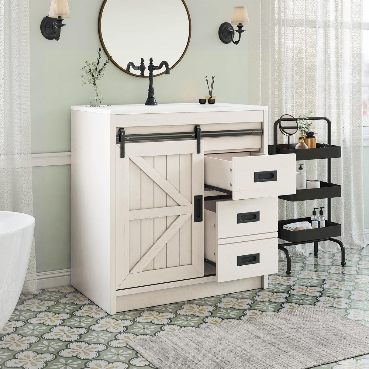 LUXOAK 31" Farmhouse Sliding Barn Door Bathroom Vanity with Sink Combo, Bathroom Vanity Cabinet with Drawers & Metal Handles, Freestanding, Distressed White LUXOAK
