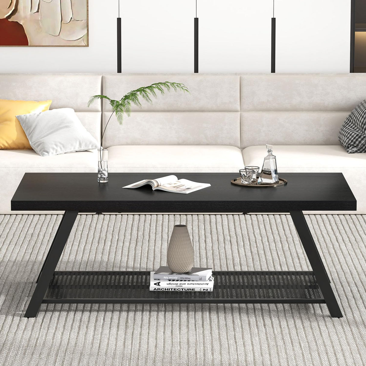 FOLUBAN Black Coffee Table, Modern Rustic Wood and Metal Living Room Table with Storage Shelf, Industrial Rectangle Cocktail Tea Table, 47 Inch