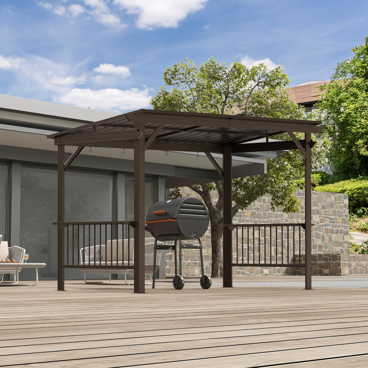 Domi 6.5x12FT Hardtop Grill Gazebo, Outdoor BBQ Gazebo with 2 Side Shelves, Sloping Steel Roof for Permanent Sun Shade with Ceiling Hooks for Patio Deck Yard Garden (Brown) domi outdoor living