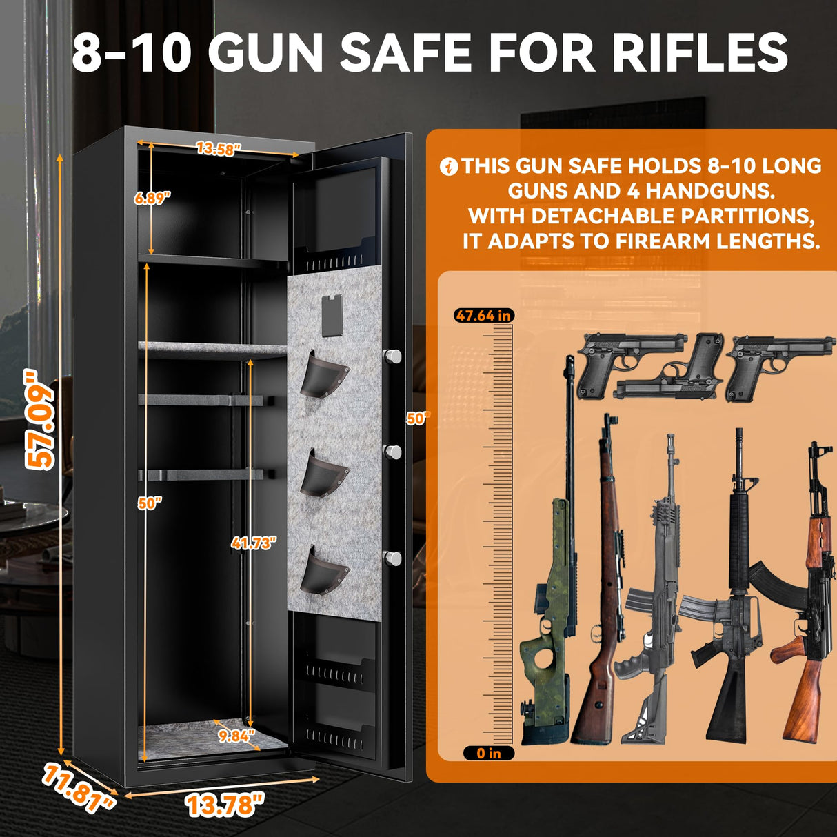 10-12 Gun Safe for Home Rifle and Pistols,No Assembly Required Gun Safe Locker,Biometric Fingerprint Locking Cabinet,Electronics Keyboard Password Cabinet Safes,Adjustable Partition Storage Rifle Case Leariso