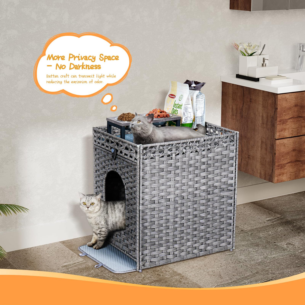 Snughome Cat Litter Box Enclosure with Cat Litter Mat, Hidden Cat Washroom Furniture with Door, Handwoven Rattan Cat Washroom Box, Indoor Pet House Storage for Living Room, Bedroom, Balcony (Grey) Snughome