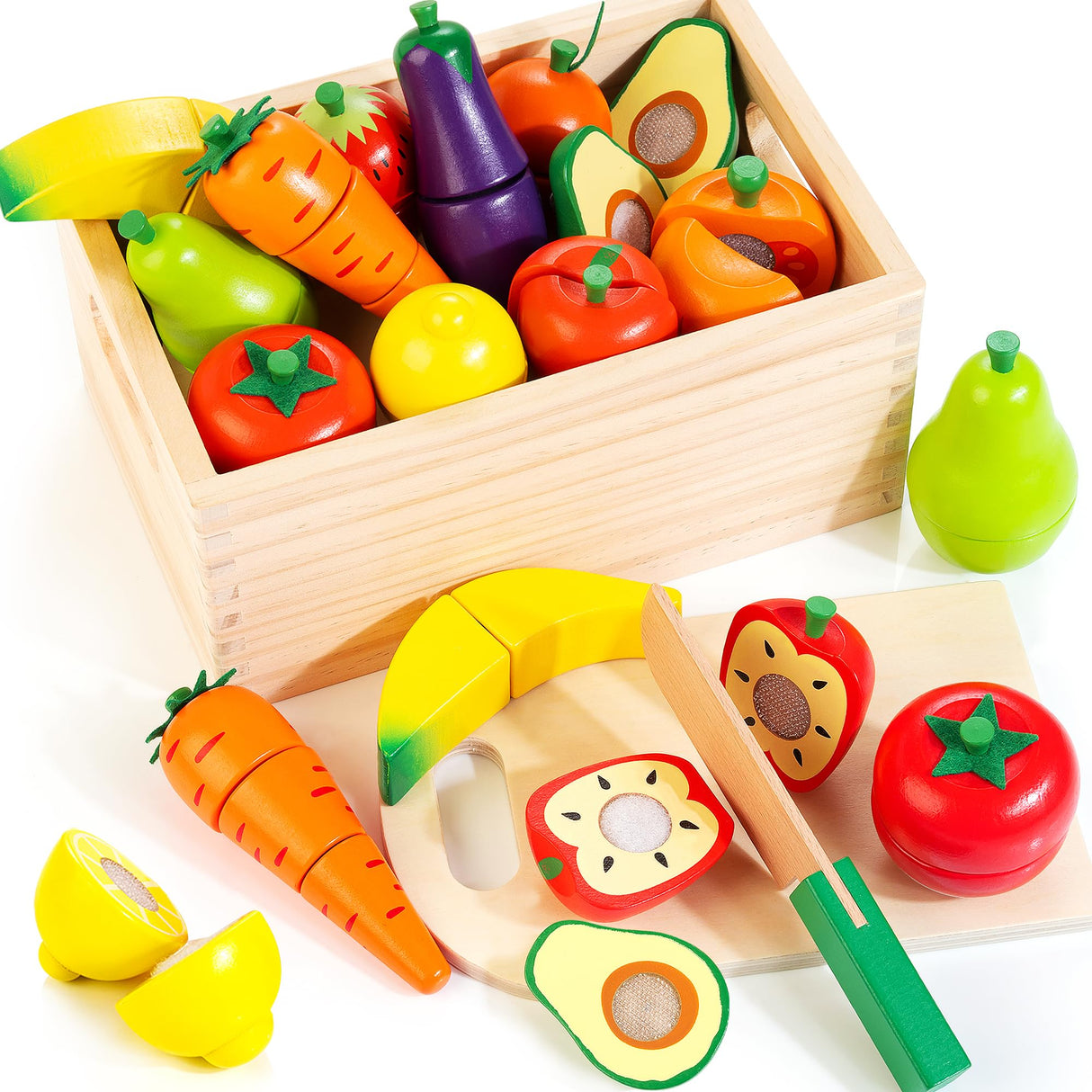 Wooden Play Food for Toddlers, Velcro Fruit and Veggies Cutting Set for Kids, Pretend Food Play Kitchen Accessories for 3 4 5 6 7 Years Old Boys & Girls WOODMAM