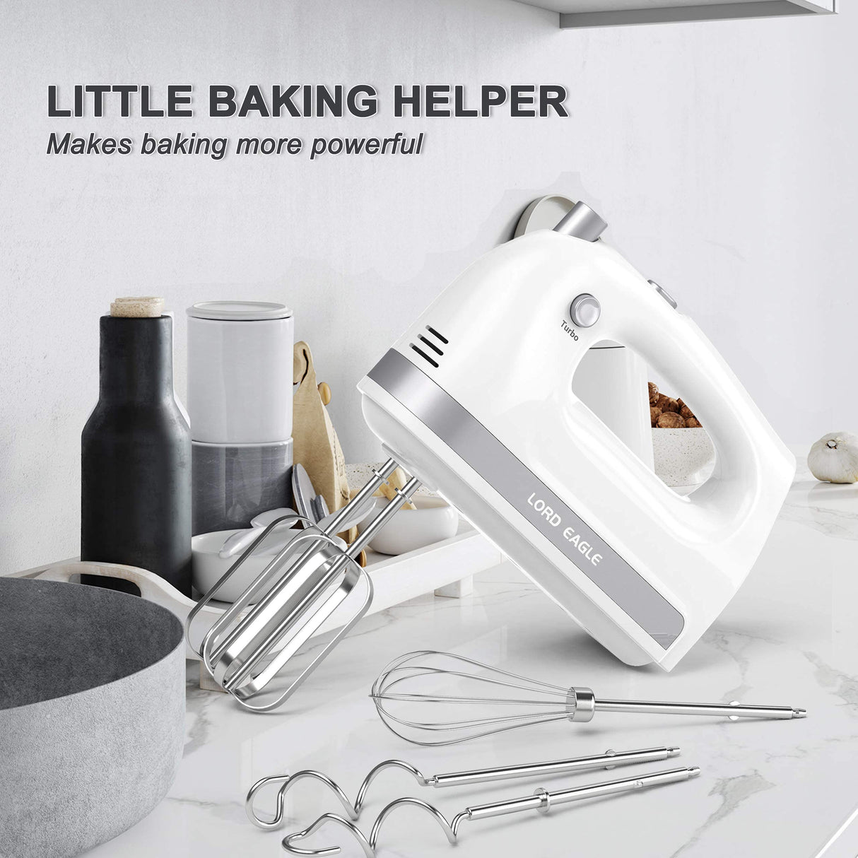 Lord Eagle Hand Mixer Electric 400W, 5 Speed handheld Mixer, 5 Stainless Steel Accessories for Baking Cake Egg Cream Food Beater, Turbo Boost/Self-Control Speed + Eject Button (White) Lord Eagle
