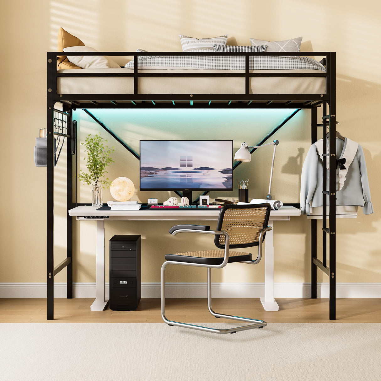 LIPIGE Loft Beds,Loft Bed Twin with Built-in Power Outlet LED Lights,Clothing Hanger Space Saving,Storage Pouch,Heavy Duty Metal Safety Guard Rail for Kids Teens Adults,No Box Spring Needed,Black LIPIGE