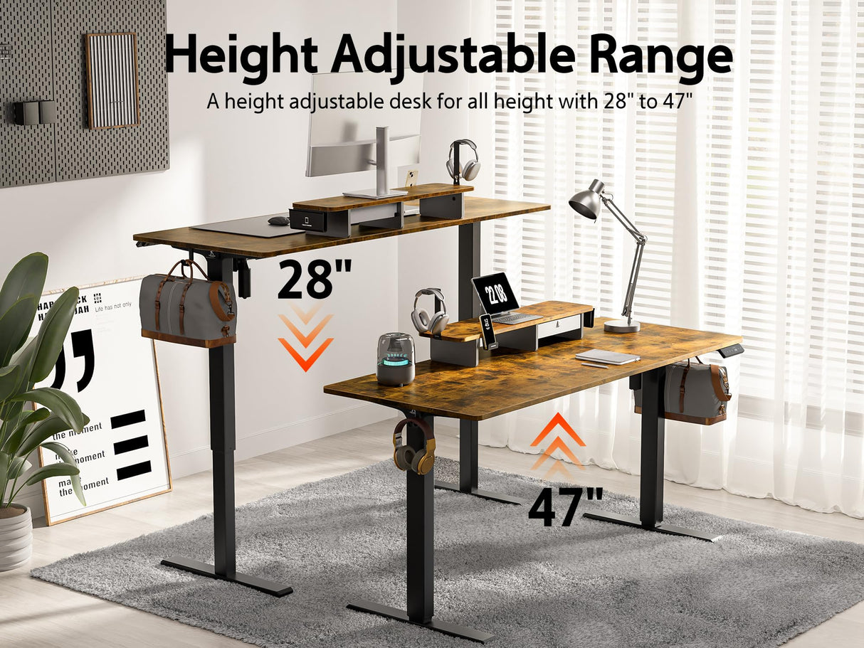 WALKINGDESK 48x24 Inches Electric Standing Desk with Drawer and Monitor Stand, Height Adjustable Stand up Desk for Home Office, Ergonomic Sit to Stand Desk with Phone Holder, 3 Hooks, Rustic Brown WALKINGDESK